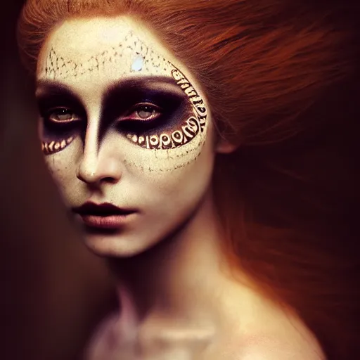 Prompt: photographic portrait of a stunningly beautiful renaissance female with tribal gothic makeup in soft dreamy light at sunset, contemporary fashion shoot, by edward robert hughes, annie leibovitz and steve mccurry, david lazar, jimmy nelsson, breathtaking, 8 k resolution, extremely detailed, beautiful, establishing shot, artistic, hyperrealistic, beautiful face, octane render