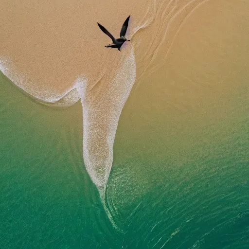 Image similar to simmetrical photo of a seagull flying seen exactly from above. Watching down. Seagull seen from above. 4k still award winning. Pleasant look and colors. Sea on the background.