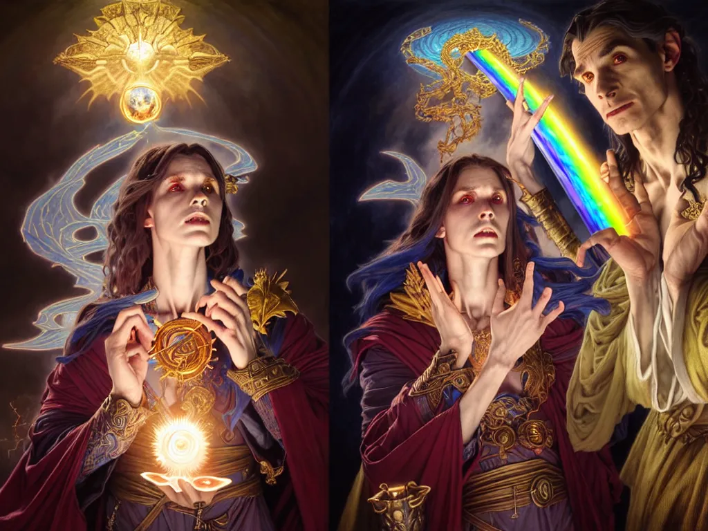 Image similar to painting of powerful stylish sorcerer and a cleric banishing the darkness and its abominations with a rainbow spell, ultra realistic, concept art, intricate details, eerie, highly detailed, photorealistic, octane render, 8 k, unreal engine. art by artgerm and greg rutkowski and magali villeneuve and alphonse mucha
