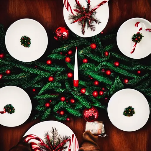 Prompt: creepy christmas aesthetic!!, trending on unsplash, [ 4 k photorealism ]!!, professional photography, [ overhead view of a table ]!!, shot by jimmy nelson