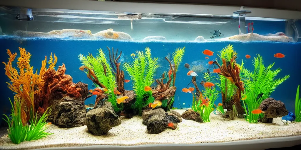 Prompt: fish tank in hospital waiting room. hands in tank. plasticine model in water. newt. figures clay. weird. surreal. tropical fish tank with sand. strange. bubbles. tank. fighting fish. aquatic photography. photorealistic.