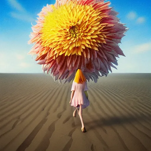 Image similar to closeup giant dahlia flower standing head, girl walking between dunes, surreal photography, sunrise, blue sky, dramatic light, impressionist painting, digital painting, artstation, simon stalenhag