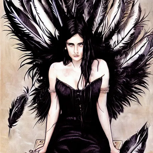 Prompt: young innocent jennifer connelly as innocent gothic beauty with black feathers instead of hair, pale and sickly, goosebumps, eyes closed, mutant, sad, feathers growing out of skin, sitting in opulent wheelchair, romantic, comic book cover, vivid, beautiful, illustration, highly detailed, rough paper, dark, oil painting
