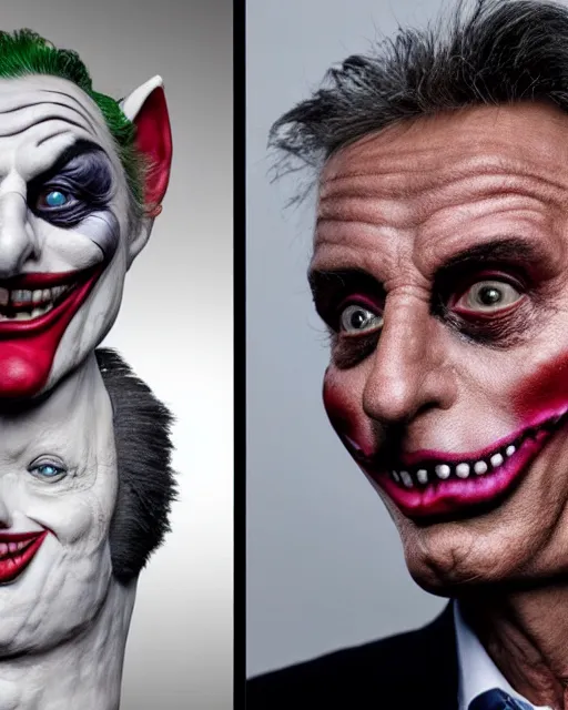 Image similar to Mauricio Macri in Elaborate Joker Makeup and prosthetics designed by Rick Baker, Hyperreal, Head Shots Photographed in the Style of Annie Leibovitz, Studio Lighting, Mauricio Macri with an angry cat in his hand