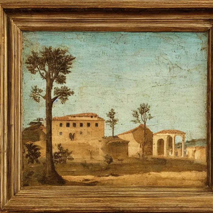 Image similar to a building in a serene landscape, ancient roman painting