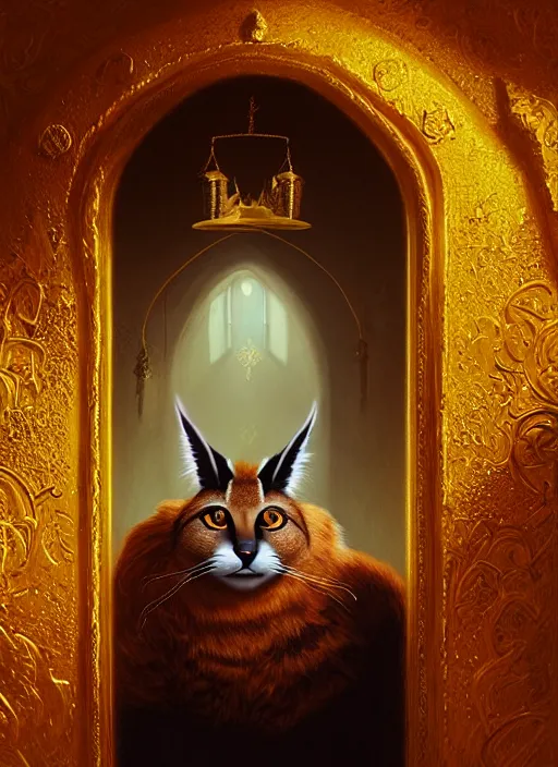 Image similar to surrealistic portrait of cute fluffy anthropomorphic caracal as orthodox priest in golden clothes, caracal head, wearing vr, in orthodox church at background, dynamic lighting, darkness, ambients, dramatic, foggy, heavy bokeh and blur, cinematic, depth of field, art by bussiere rutkowski andreas rocha