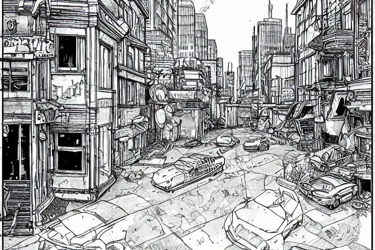 Image similar to A post apocalyptic city street in the style of a Moebius drawing