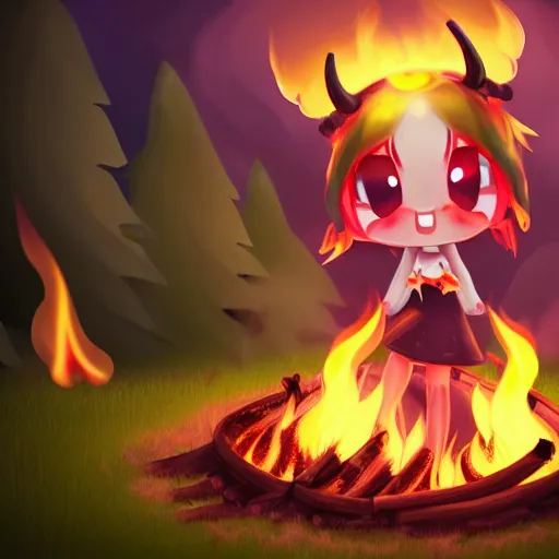 Image similar to cute fumo plush manic happy pyromaniac girl giddily starting a huge bonfire in the forest, horned demon imp girl, stylized pbr anime shader, burning flames, warm glow and volumetric smoke vortices, filmic, rule of thirds composition, vignette, vray