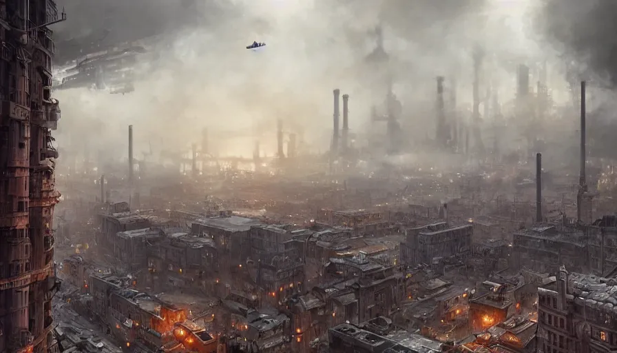 Prompt: Dieselpunk city panoramic view, bird's eye, airships in the sky, steam, factory plants with dark smoke in the background, epic composition, intricate, elegant, volumetric lighting, digital painting, highly detailed, artstation, sharp focus, illustration, concept art, ruan jia, steve mccurry