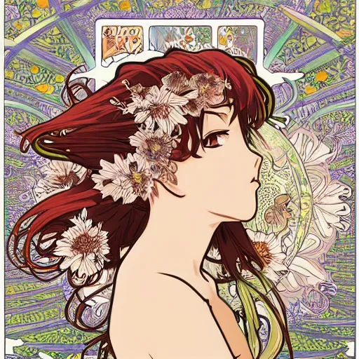 Image similar to anime manga closeup floral detailed highres 4k intricate nature comic patterns vector illustration style by Alphonse Mucha and James Jean pop art nouveau