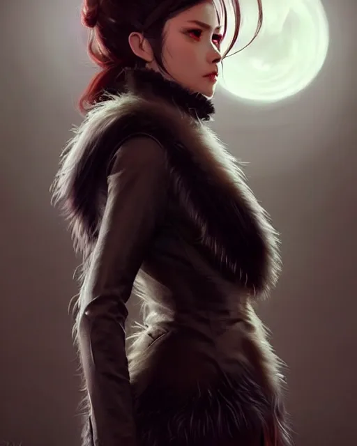 Image similar to fur - lined dragonhide jacket!!! beautiful and elegant female!! gorgeous ayes!! character concept art, sharp focus, illustration, artgerm!! greg rutkowski! wlop!! ilya kuvshinov!! marc brunet!! octane render! unreal engine 5! highly rendered!! trending on artstation!! cgi vfx!