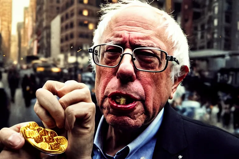 Image similar to closeup potrait of bernie sanders offering a werther's original in a smoky new york street, screen light, sharp, detailed face, magazine, press, photo, Steve McCurry, David Lazar, Canon, Nikon, focus