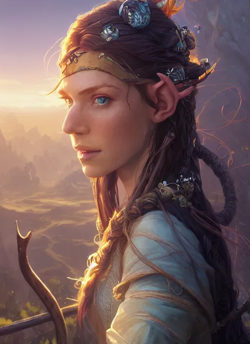 Image similar to highly detailed portrait of a half - elf woman pirate with long hair, stephen bliss, unreal engine, fantasy art by greg rutkowski, loish, rhads, ferdinand knab, makoto shinkai and lois van baarle, ilya kuvshinov, rossdraws, tom bagshaw, alphonse mucha, global illumination, radiant light, detailed and intricate environment