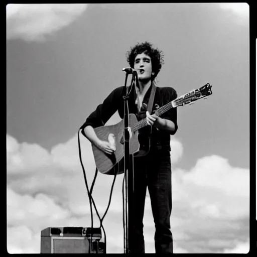 Prompt: a movie still of Tim Buckley singing on stage with Jeff Buckley, 8k, Technicolor, telephoto lens, vintage photograph, historical archive, detailed skin, detailed eyes