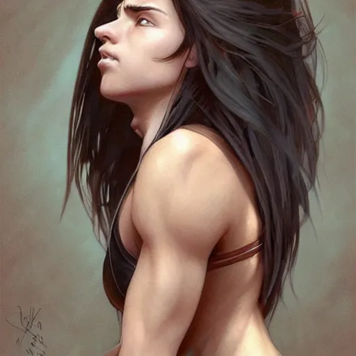 Image similar to “Tomboy Athletic Muscular woman student with dark long hair and rounded features, wears leather armor, D&D, fantasy, intricate, cinematic lighting, highly detailed, digital painting, artstation, concept art, smooth, sharp focus, illustration, art by Artgerm and Greg Rutkowski and Alphonse Mucha, picture from the waist up”