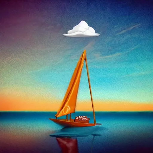 Image similar to graham cracker sailboat floats in a sea of hot chocolate, marshmallow cloud in sky above, abstract environment, award winning art, epic dreamlike fantasy landscape, ultra realistic,