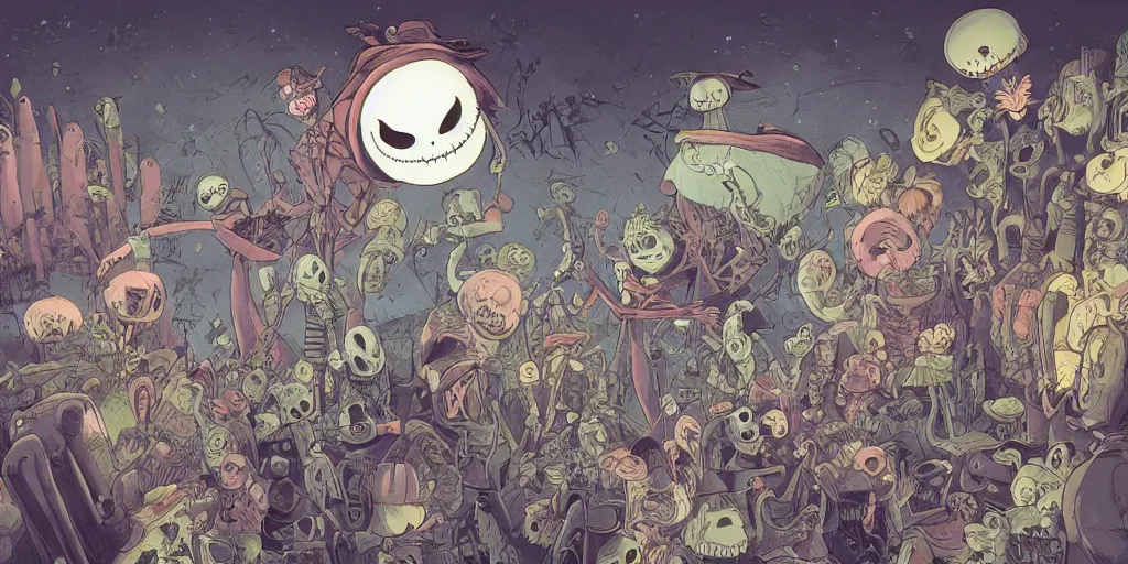 Image similar to a study of cell shaded cartoon of a scene from tim burtons nightmare before christmas, illustration, wide shot, muted colors, concept art by josan gonzales and wlop, by james jean, victo ngai, david rubin, mike mignola, laurie greasley, highly detailed, sharp focus, trending on artstation, hq, deviantart, art by artgem