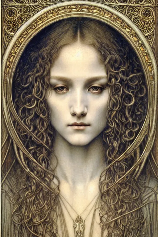 Image similar to detailed realistic beautiful young medieval queen face portrait by jean delville, gustave dore and marco mazzoni, art nouveau, symbolist, visionary, gothic, pre - raphaelite. horizontal symmetry