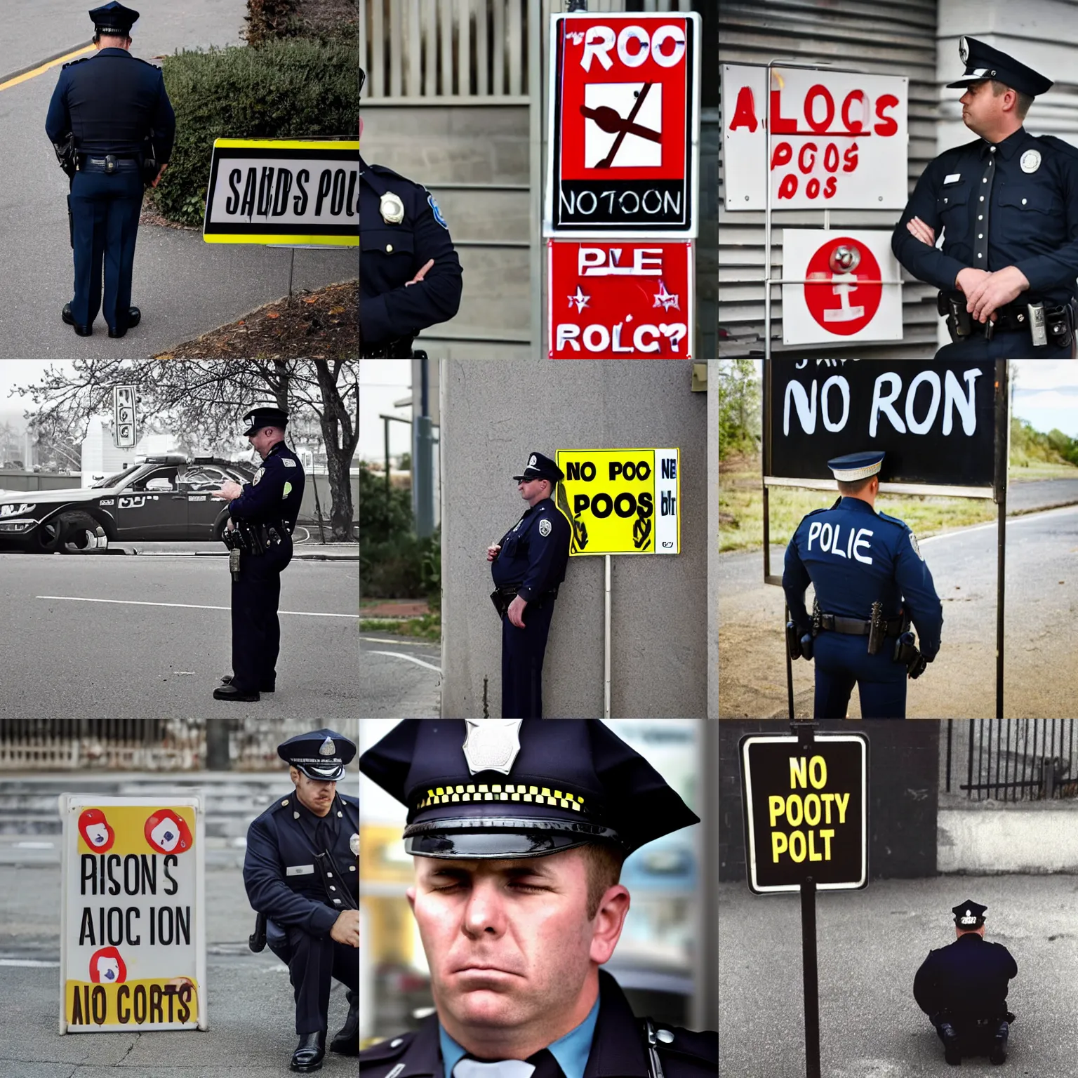 Prompt: sad cop looking at a,'no pigs allowed'sign