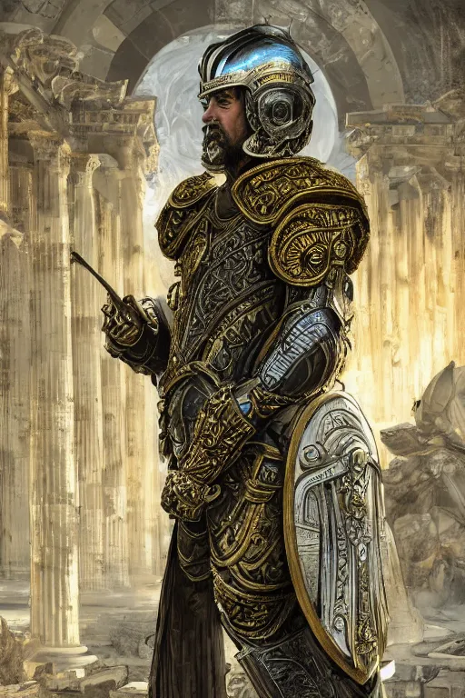 Image similar to portrait Emperor Marcus Aurelius, metallic Silver and ice color reflected armor, in ruined Agora of Athens, ssci-fi, fantasy, intricate, very very beautiful, elegant, golden light, highly detailed, digital painting, artstation, concept art, smooth, sharp focus, illustration, art by WLOP and tian zi and alphonse mucha