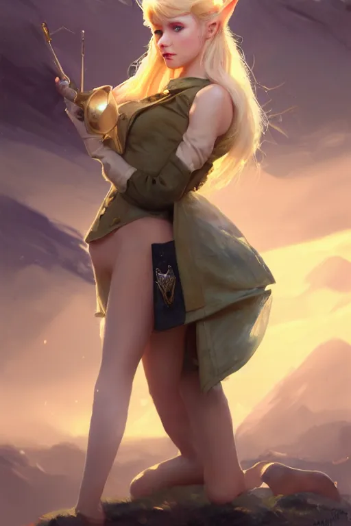 Image similar to cinematic shot of an epic portrait of a cute blonde fairy dressed in military clothes, stylised military clothes, shiny skin, beautiful eyes, beautiful, small details, night setting, realistic poster with volumetric light from craig mallism, artgerm, jeremy lipkin and michael garmash, unreal engine, radiant light, digital art, trends at art station, a masterpiece