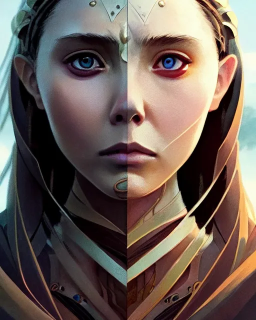 Image similar to azctec warrior, elizabeth olsen, detailed perfect face, exquisite details, fire magic, mid view, design on a white background, by studio muti, greg rutkowski makoto shinkai takashi takeuchi studio ghibli