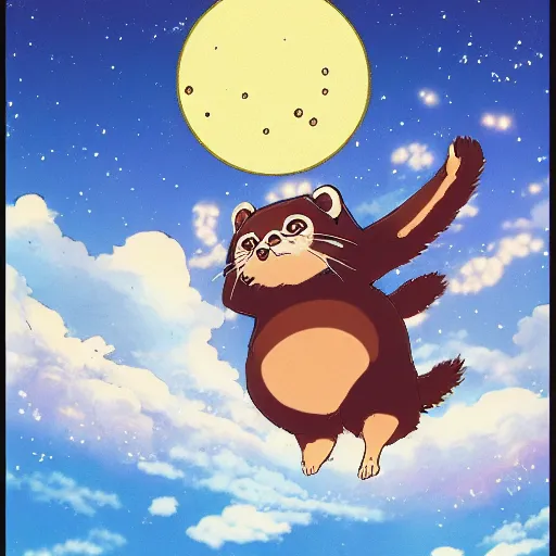 Image similar to a japanese tanuki flying in the sky with large balls, anime art style, ghiblie, miyazaki, beautiful, high detail