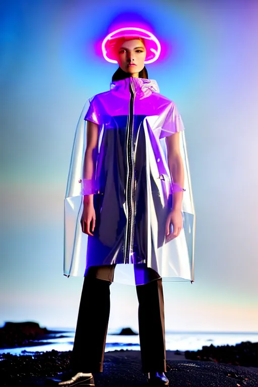 Image similar to an ultra high definition professional high fashion portrait studio full length photograph of a model wearing a transparent pearlescent raincoat and neon visor in an icelandic black rock environment at dawn. no artefacts. extremely detailed. stark. refraction. shallow depth of field. volumetric light and shadow. ray tracing. light rays.