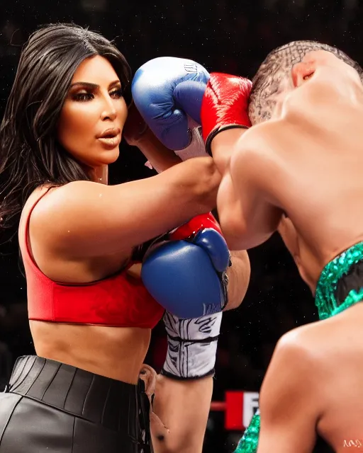 Prompt: an insanely realistic, insanely detailed, high definition photograph of kim kardashian getting punched in the face, 8 k, hd, portrait, print quality,