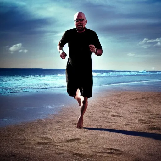 Image similar to Walter White running on the beach, artistic, 8k, cinematic, accurate, symetric, face, dramatic lighting, pastel colours