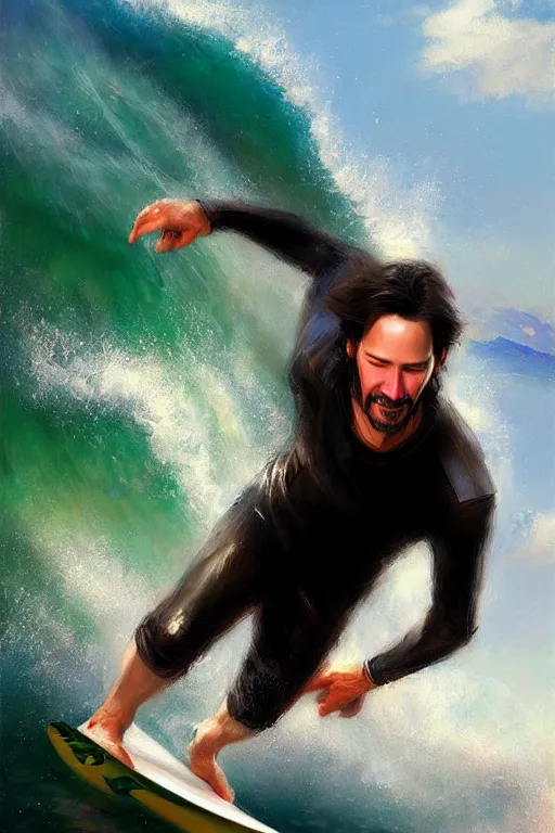 Prompt: keanu reeves surfing, sun lights, painting by daniel gerhartz, alphonse murac, detailed art, artstation