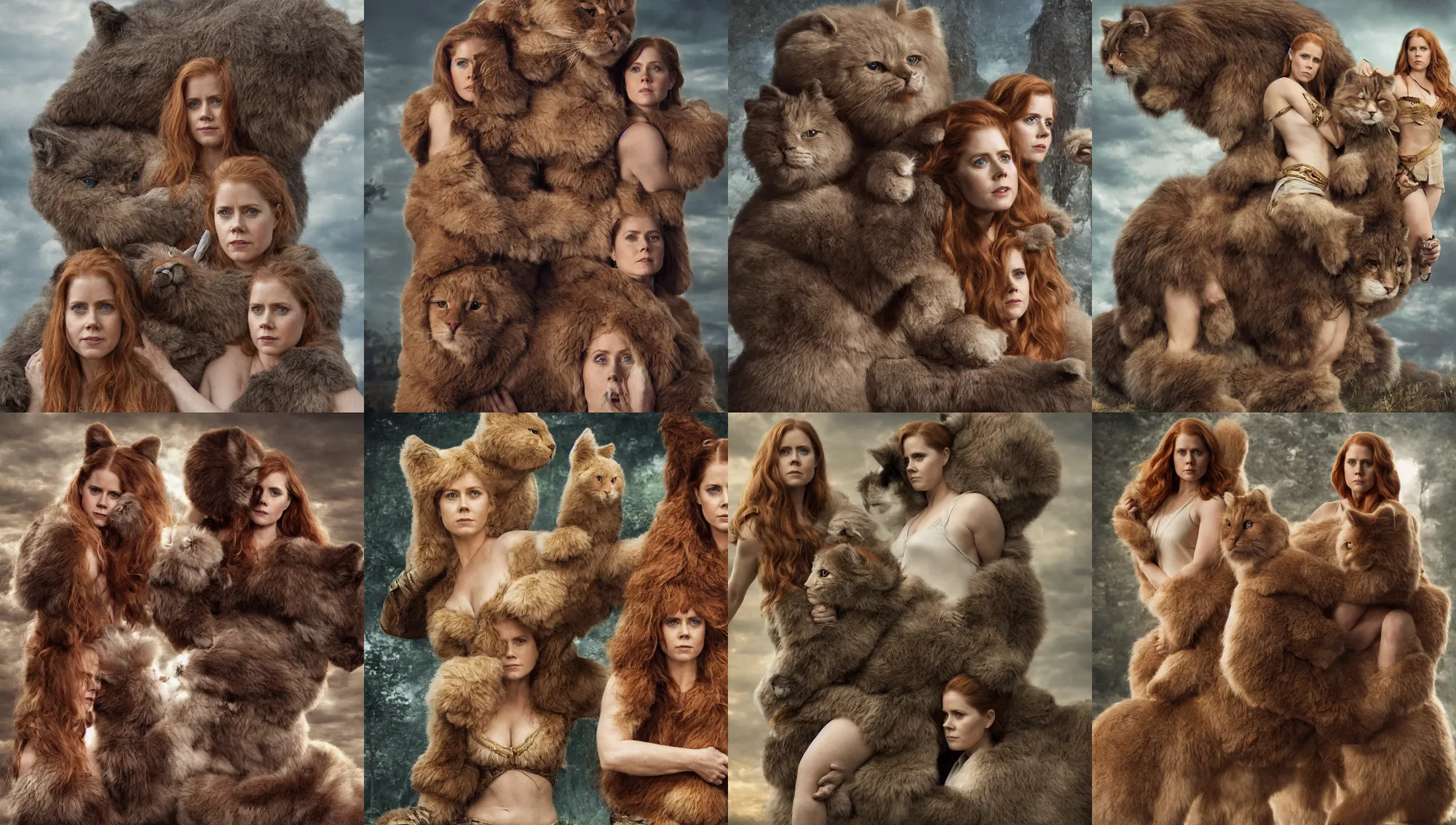 Prompt: amy adams as an amazon warrior leaning against her giant fluffy cat, highly detailed, magali villeneuve, 1 9 6 0