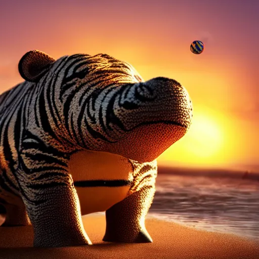 Image similar to a closeup photorealistic photograph of a cute smiling knitted tiger hippopotamus chasing a beachball during sunset. teeth exposed, surf in the background. professional capture. this 4 k hd image is trending on artstation, featured on behance, well - rendered, extra crisp, features intricate detail, epic composition and the style of unreal engine.