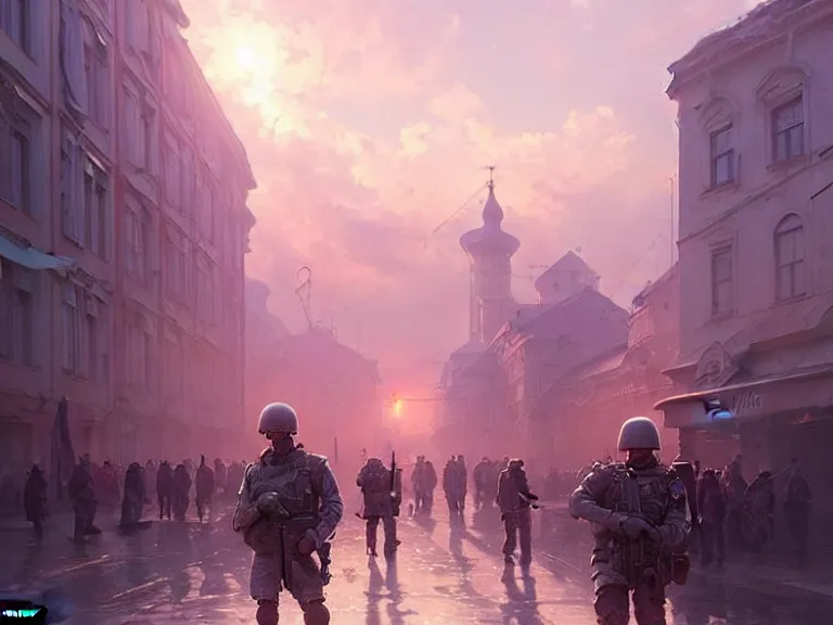 Image similar to city of syzran!!!, militaristic!!!, romantic!!!, hyperrealistic, highly detailed, cinematic, pink sunlight!, beautiful, cgssociety, artstation, 8 k, oil painting by greg rutkowski, by artgerm, by wlop