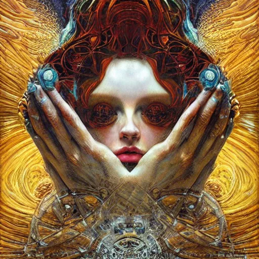 Image similar to Divine Chaos Engine by Karol Bak, Jean Deville, Gustav Klimt, and Vincent Van Gogh, visionary fractal structures