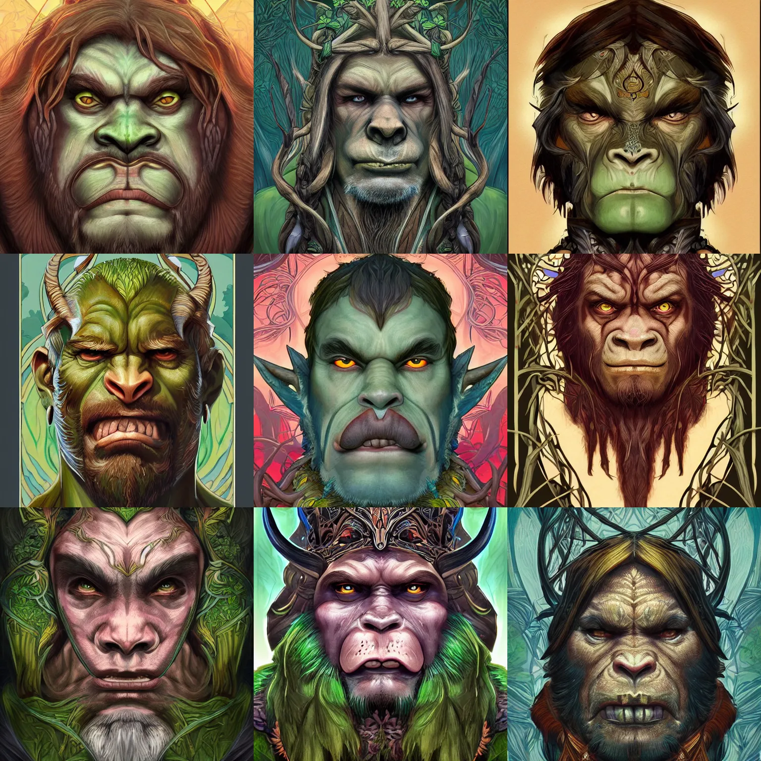 Prompt: head-on symmetrical centered painted portrait, D&D male orc forest druid, art nouveau, tarot card style, tarot card style, fantasy, intricate, elegant, highly detailed, smooth, sharp focus, illustration, artstation, in the style of Artgerm and Anna Podedworna and Alex Ross and Mucha