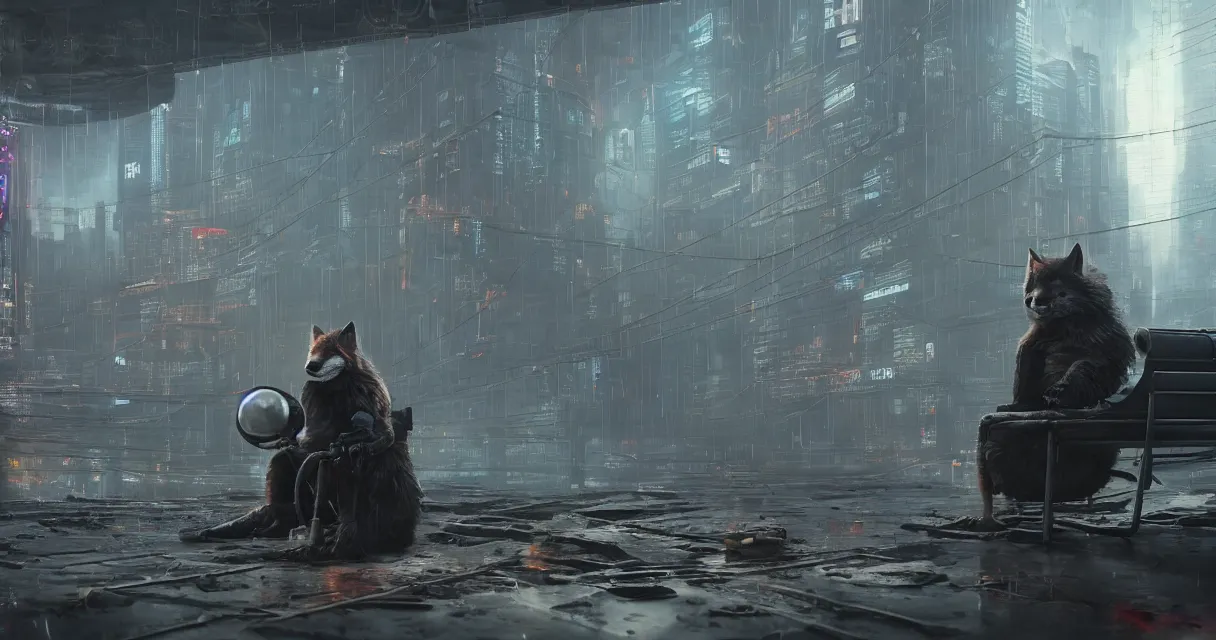 Image similar to cyberpunk old fox in hood, sitting in rusty subway car and carefully observing top secret miniature black hole and electronic machines and military scientific parts, very high details, volumetric fog, raytracing, back light, raymarching, by ilm, by digital domain, by weta digital