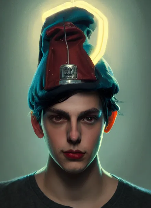 Image similar to portrait of jughead jones, intricate, elegant, glowing lights, highly detailed, digital painting, artstation, concept art, smooth, sharp focus, illustration, art by wlop, mars ravelo and greg rutkowski