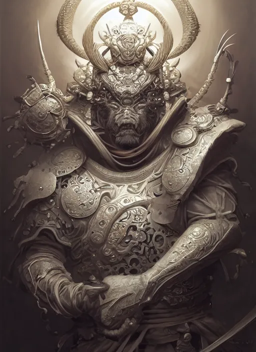 Image similar to subsurface scattering, white, koi, samurai deity with filigree armor, by jesper ejsing, james jean, justin gerard, tomasz alen kopera, cgsociety and fenghua zhong, highly detailed, rim light, cinematic lighting, illustration, art, octane render, very coherent, cinematic, hyper realism, high detail, 8 k