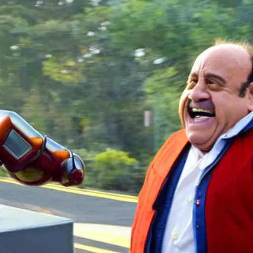 Prompt: Danny Devito playing Doctor Robotnik, in the new action-movie Sonic, full-cosplay