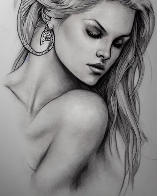 Image similar to tattoo sketch of beautiful greek goddess aphrodite with arrowhead earrings, beautiful piercing eyes, flowing blonde hair, realistic face, hyper realistic, in the style of greg rutkowski, fantasy, amazing detail, epic, intricate, elegant, smooth, sharp focus