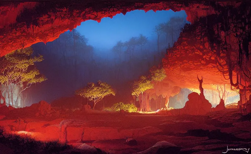 Prompt: view of natural cave, darkness, some bulb lights, dynamic light, mist over ground, illustration painting by james gurney and josan gonzales