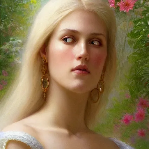 Image similar to 3/4 close up face Portrait of a beautiful Swedish princess in garden, white top, blond hair, piercing, intricate, elegant, highly detailed, artstation, concept art, intricate, highly detailed, sharp focus, exotic, orientalism, bouguereau, art by Artgerm and greg rutkowski and alphonse mucha