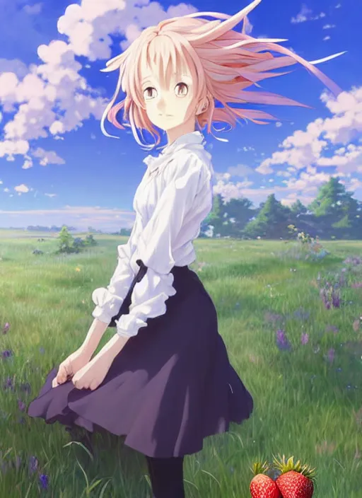 Image similar to Painting of a cottagecore witch with side-shaved strawberry hair in the style of Violet Evergarden, beautiful anime art style, winged eyelashes, countryside, calm, fantasy character portrait, dark outlines, dynamic pose, above view, sunny day, artwork by Makoto Shinkai, very coherent asymmetrical artwork, sharp edges, perfect face, simple form, 100mm