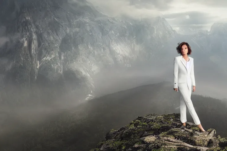 Image similar to a cinematic headshot portrait of a beautiful middle aged woman wearing futuristic white suit on the top of a mountain, overlooking a vast serene forest, large diffused light, neon light, 4 k, ultra realistic, dramatic lighting, rain, clouds, fog, vogue, fashion, glamour, magazine spread, by marco mazzoni and jessica rossier