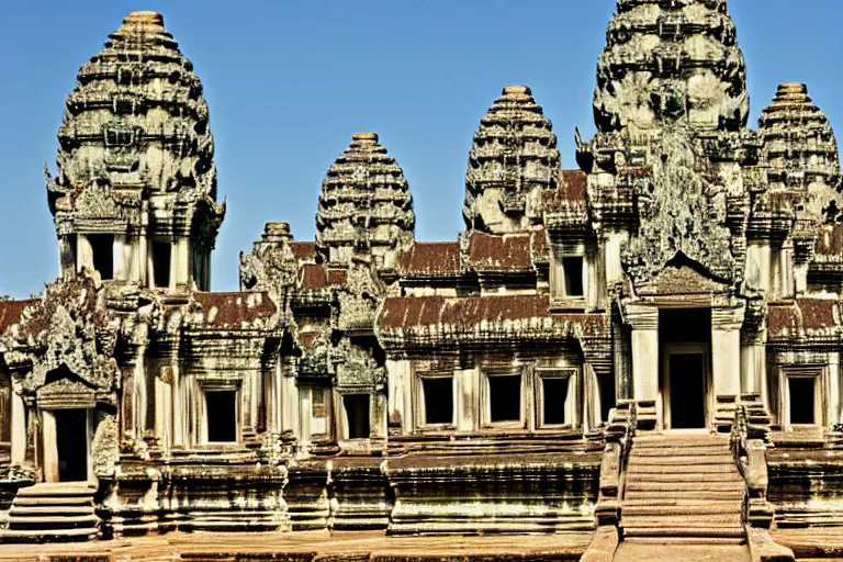 Image similar to Angkor Wat in 1253 covered in white marble and gold, surrounded by a large village, full of people, colorized historical grainy photograph, highly detailed, historically accurate