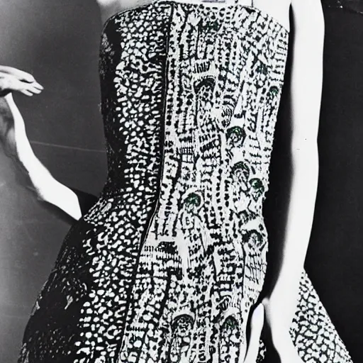 Image similar to close up of a dress with print of a female body ,Photographed by Henry Clarke, Vogue, January 1965, highly detailed