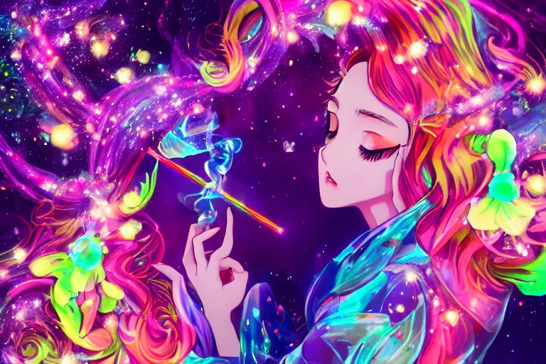 Image similar to psychedelic, full body, whimsical, anime, 4k, beautiful lusty woman blowing smoke, with professional makeup, long trippy hair, a crystal and flower dress, sitting in a reflective pool, surrounded by gems, underneath the stars, rainbow fireflies, trending on patreon, deviantart, twitter, artstation, volumetric lighting, heavy contrast, art style of Ross Tran and Miho Hirano and Ilya Kuvshinov