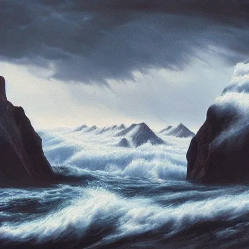 Prompt: mountains floating above a stormy ocean, hyperrealism, masterpiece