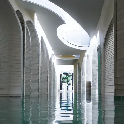 Image similar to a curved hallways made of white tiles, flooded,